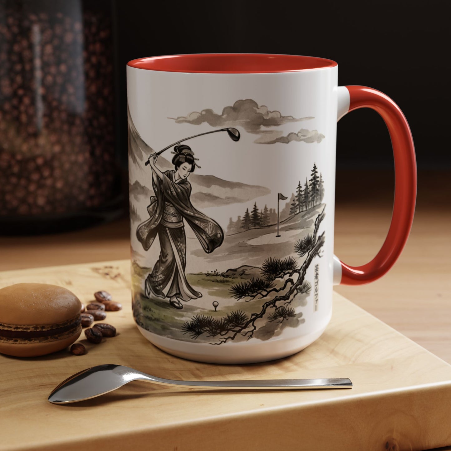 Zen Spot Golf Custom Japanese Golf Scene Accent Coffee Mug Ukiyo-e Style Golfing Geisha (11/15oz)