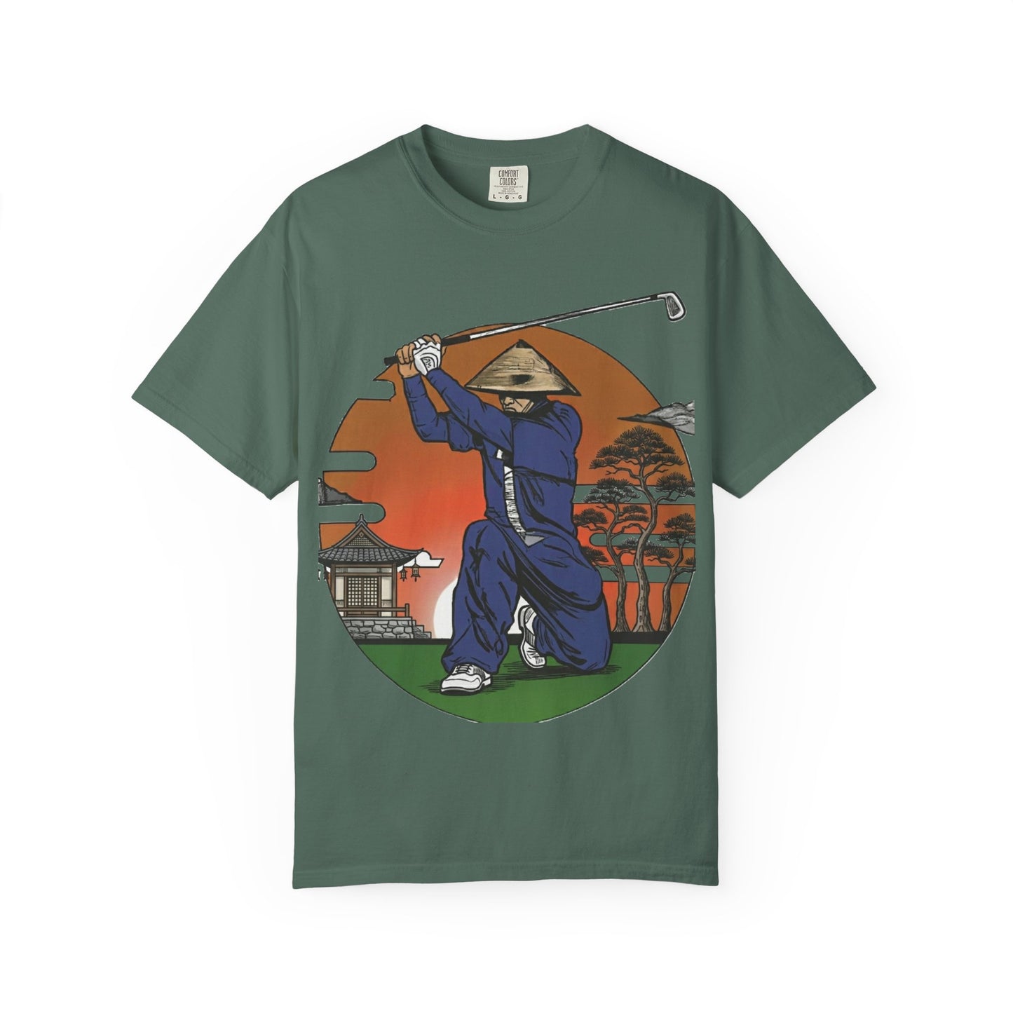 Zen Spot Golf Custom Vintage Sunset Samurai Golfer Graphic T‑Shirt