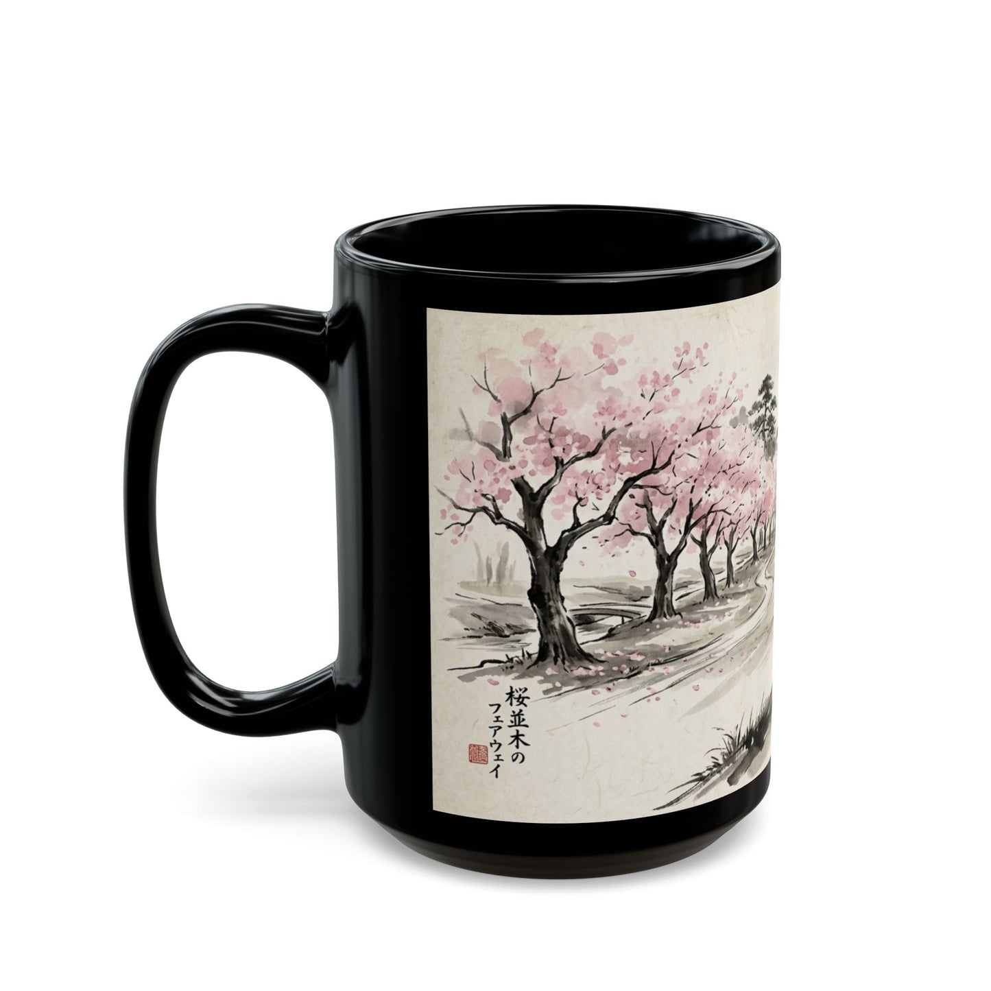 Zen Spot Golf Custom Cherry Blossom Landscape Mug Black Ceramic Coffee Tea Cup (11oz & 15oz)