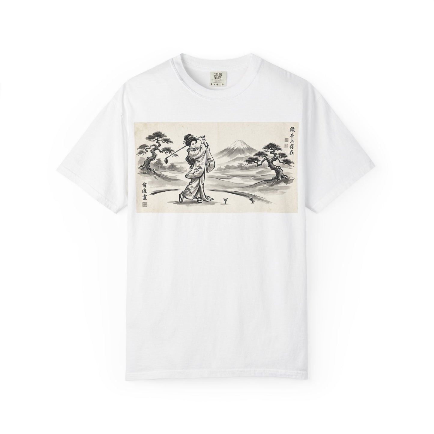 Zen Spot Customized Comfort Colors Japanese Sumi-e Landscape T-Shirt — Vintage Geisha & Mount Fuji Graphic Tee