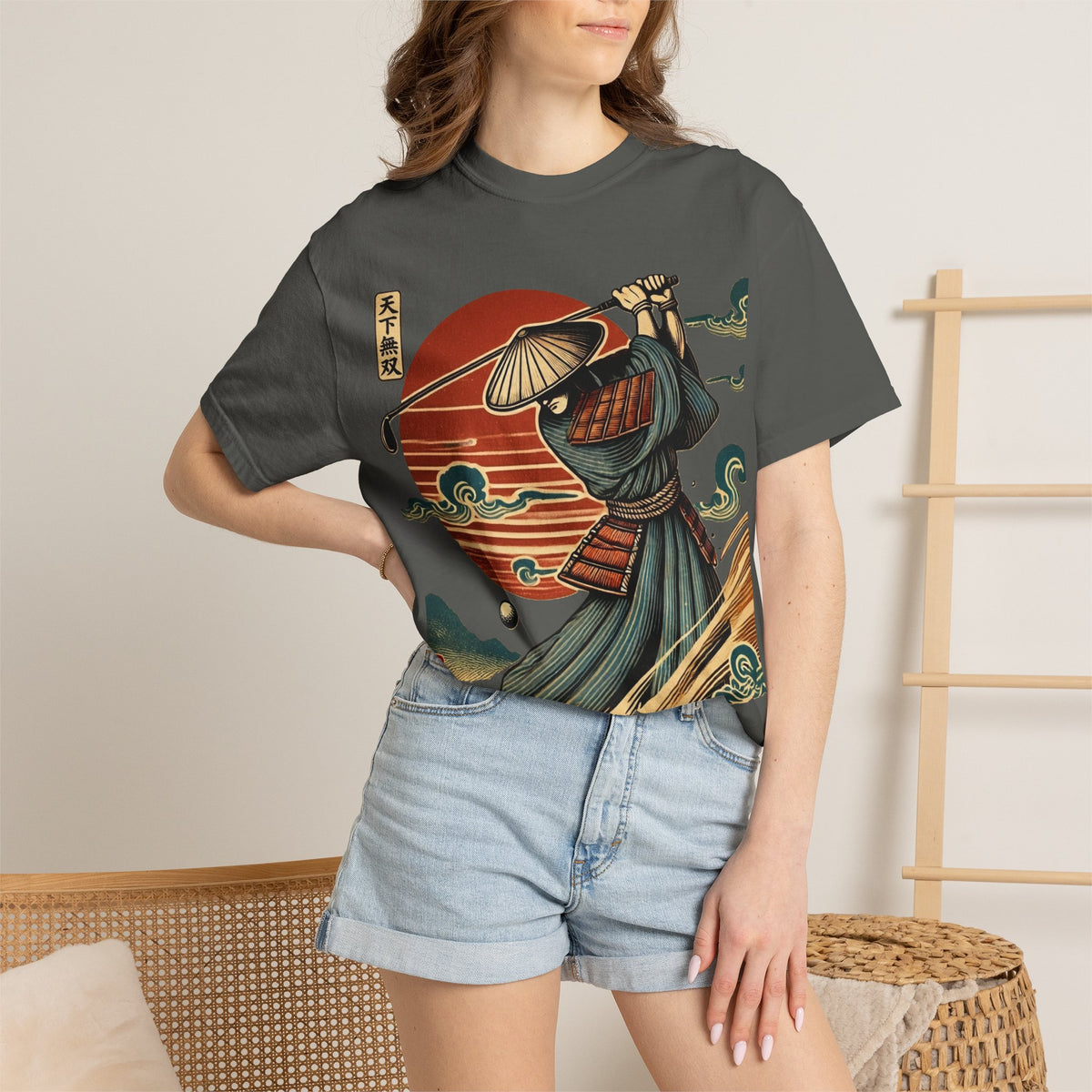 Samurai Golfer Sunset T-Shirt — Japanese Wave & Warrior Graphic Tee