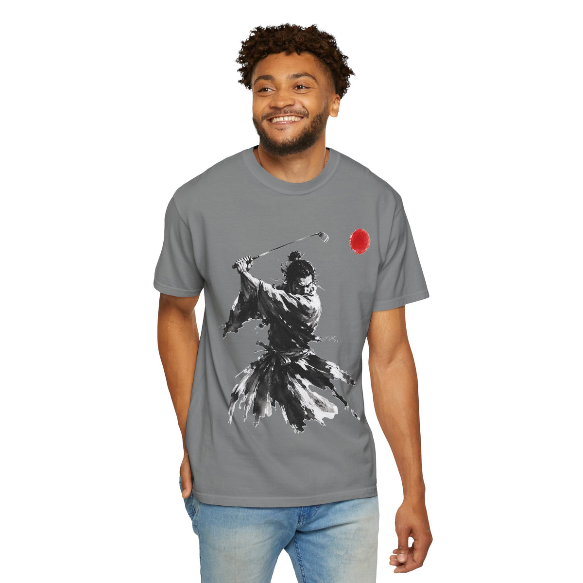 Samurai Golfer Brushstroke T-Shirt — Ink Sumi-e Warrior with Red Sun