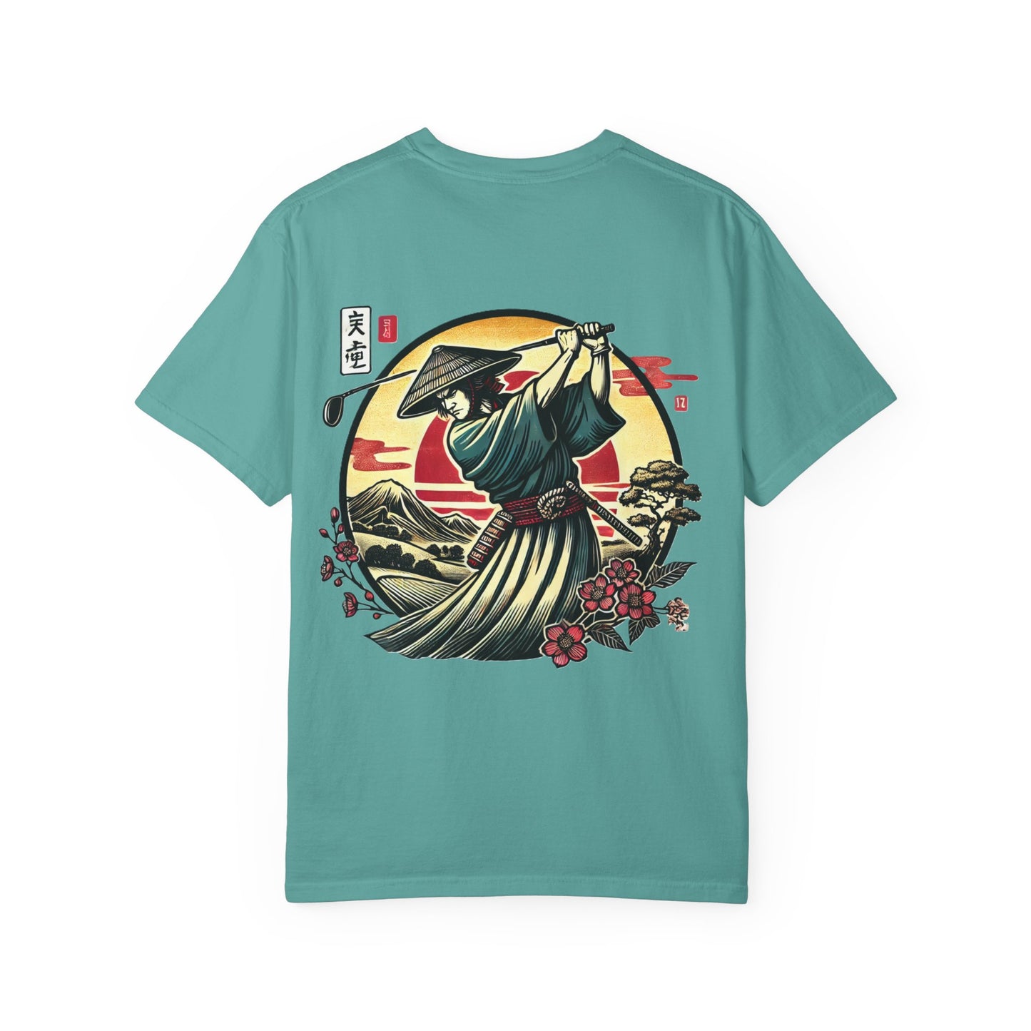 Zen Spot Golf Custom Japanese Warrior Samurai Golfer Sunset Graphic T-Shirt