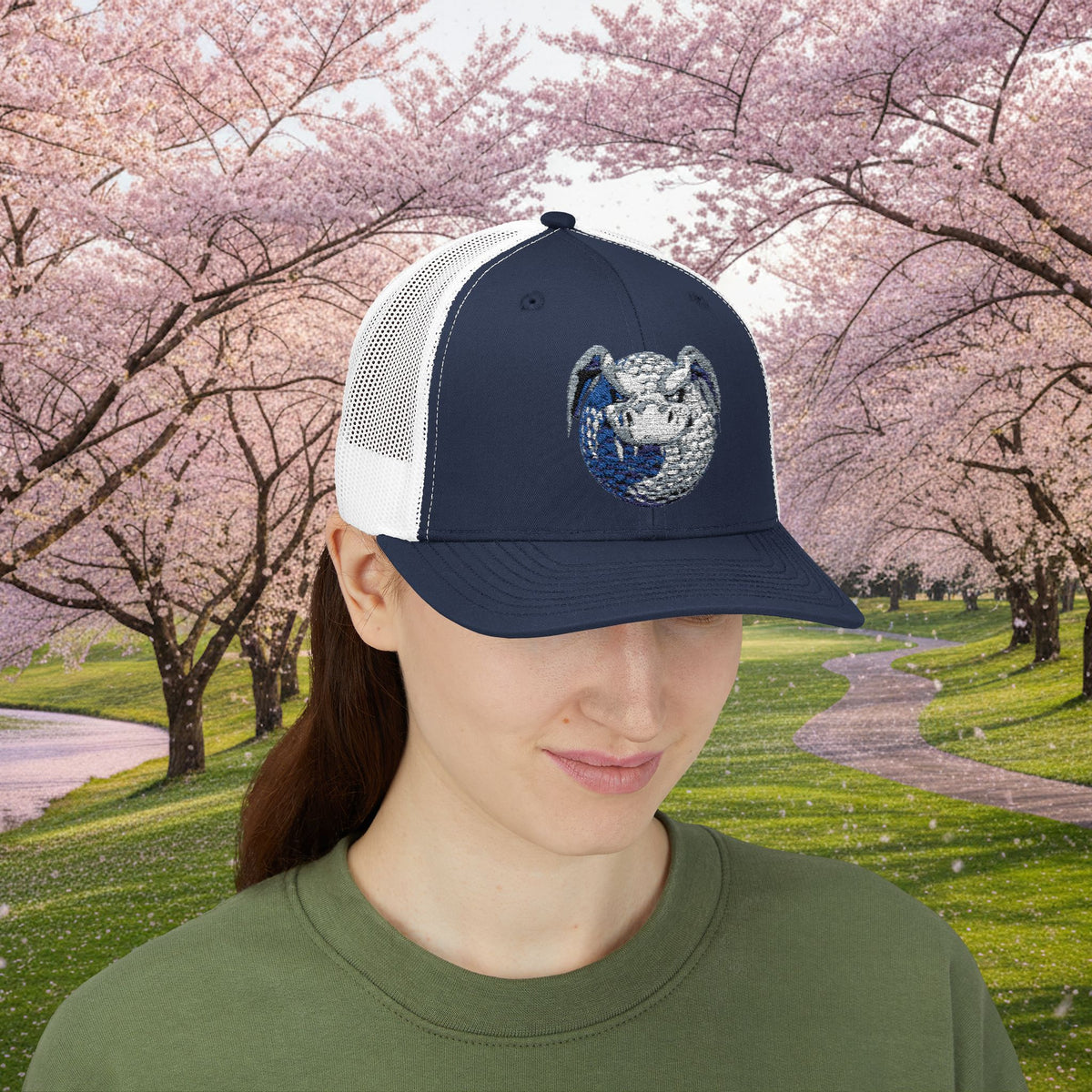 Embroidered White and Grey Stitched "Dragon Golf Ball" Trucker Cap