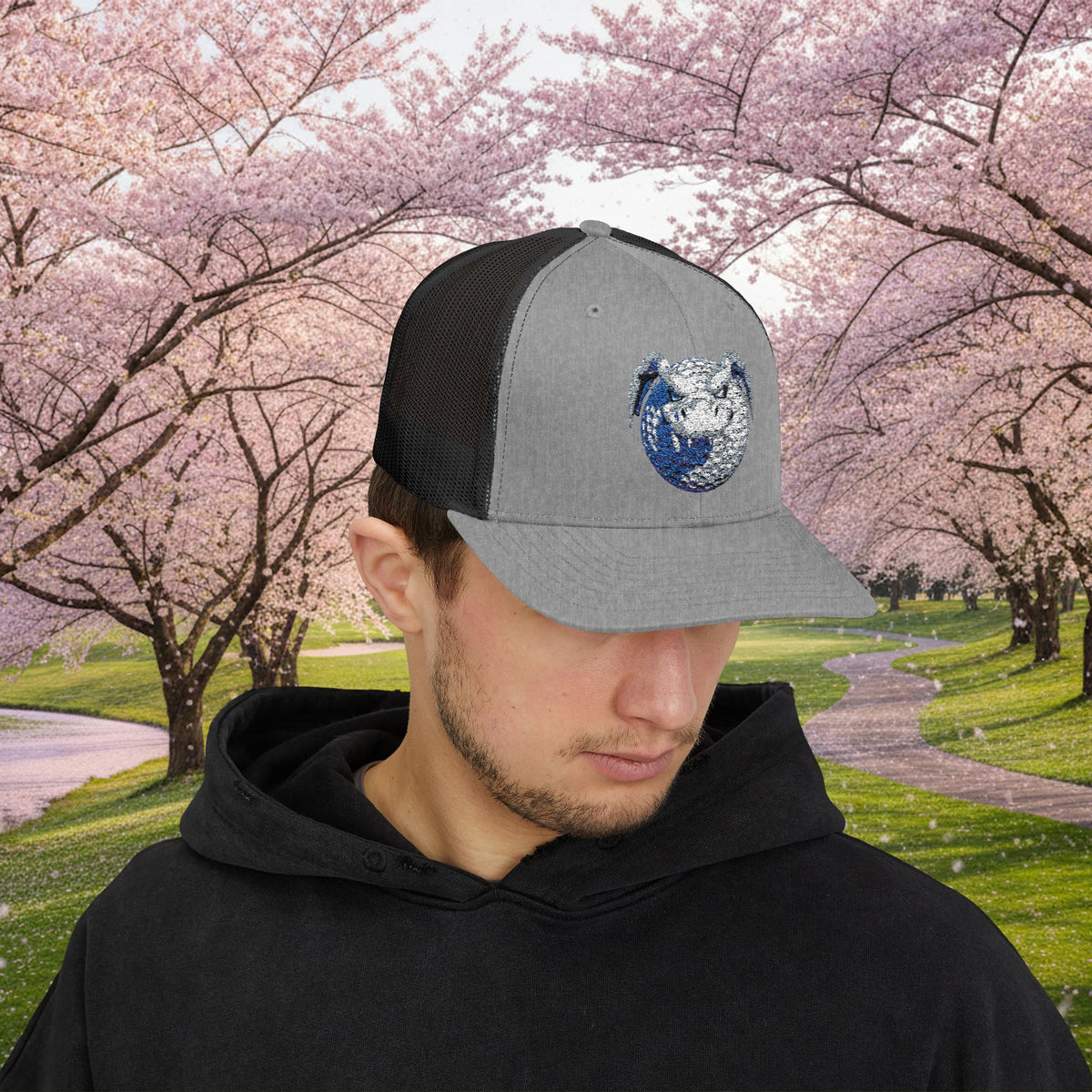 Embroidered White and Grey Stitched "Dragon Golf Ball" Trucker Cap
