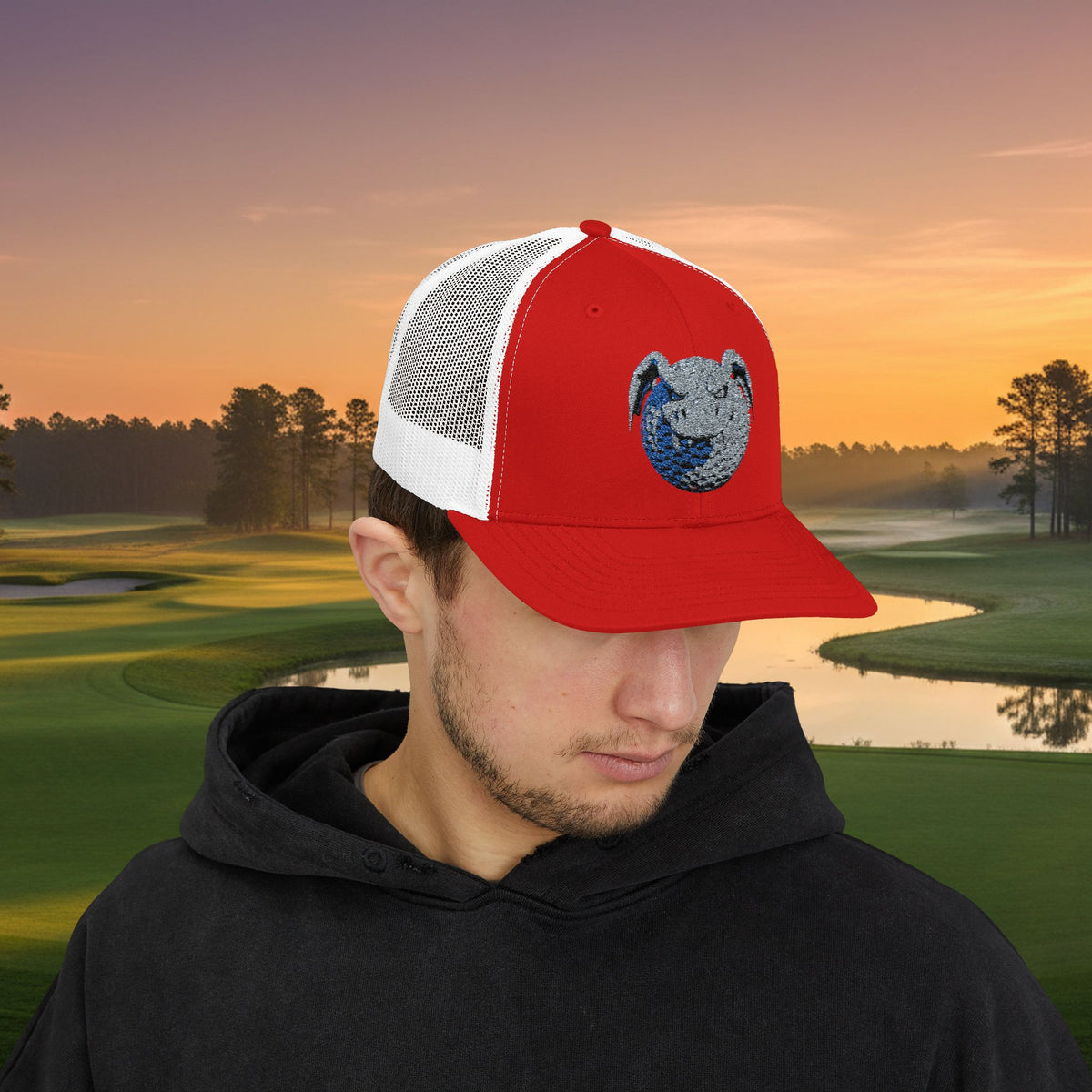 Embroidered Grey Stitched "Dragon Golf Ball" Trucker Cap