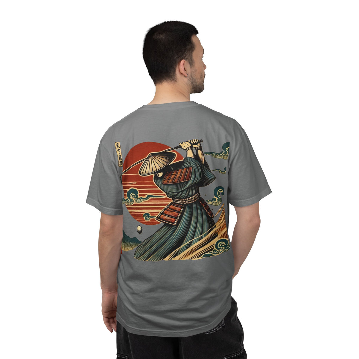 Vintage Samurai Golfer Sunset Front and Back Graphic T-Shirt