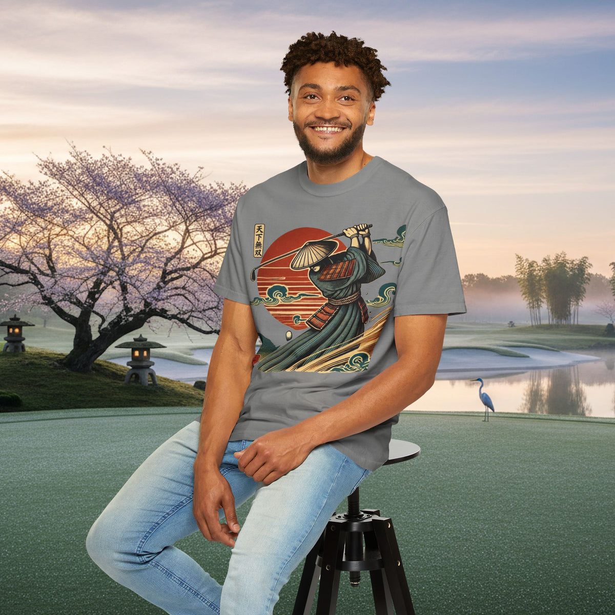 Samurai Golfer Sunset T-Shirt — Japanese Wave & Warrior Graphic Tee