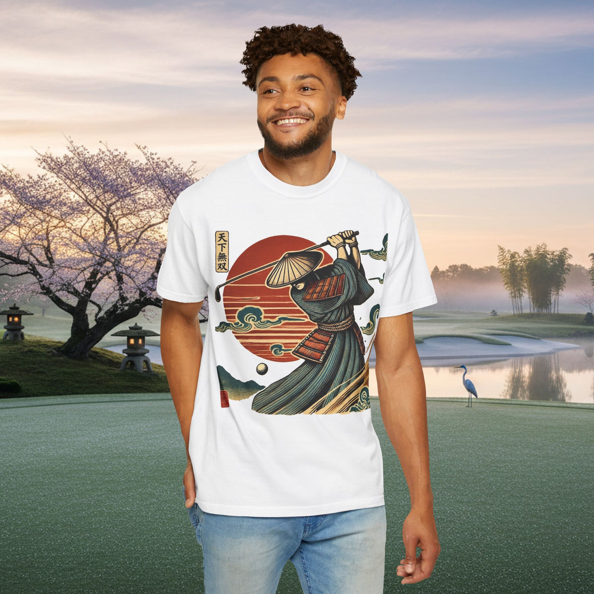 Samurai Golfer Sunset T-Shirt — Japanese Wave & Warrior Graphic Tee