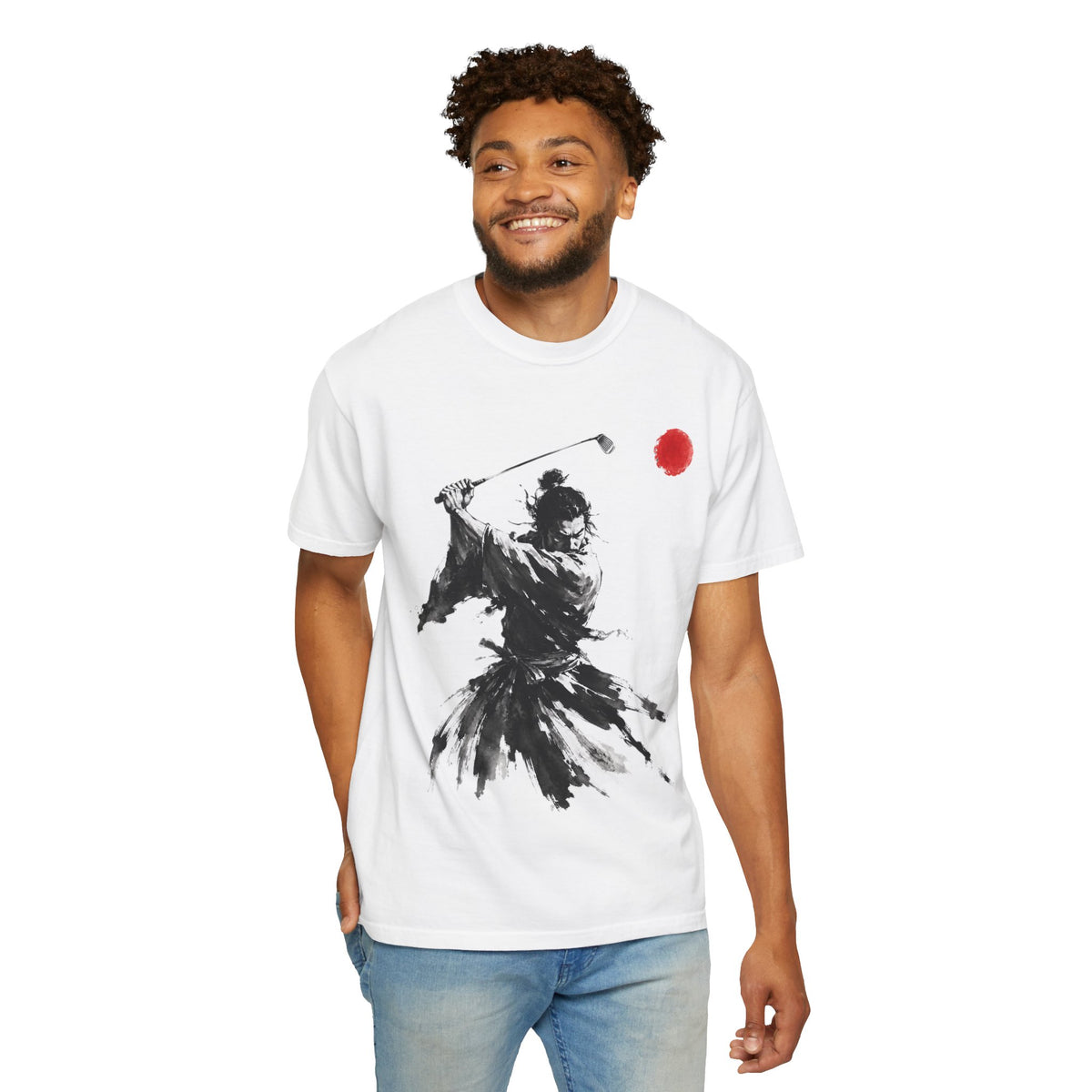 Samurai Golfer Brushstroke T-Shirt — Ink Sumi-e Warrior with Red Sun