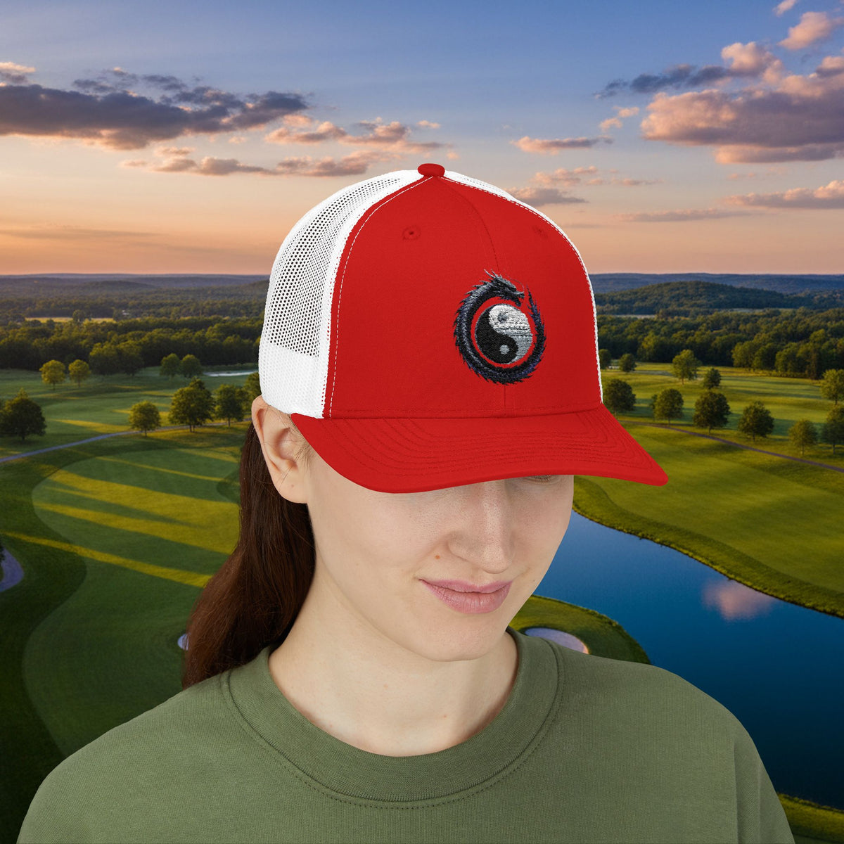 Embroidered Yin Yang Dragon Golf Ball Trucker Hat