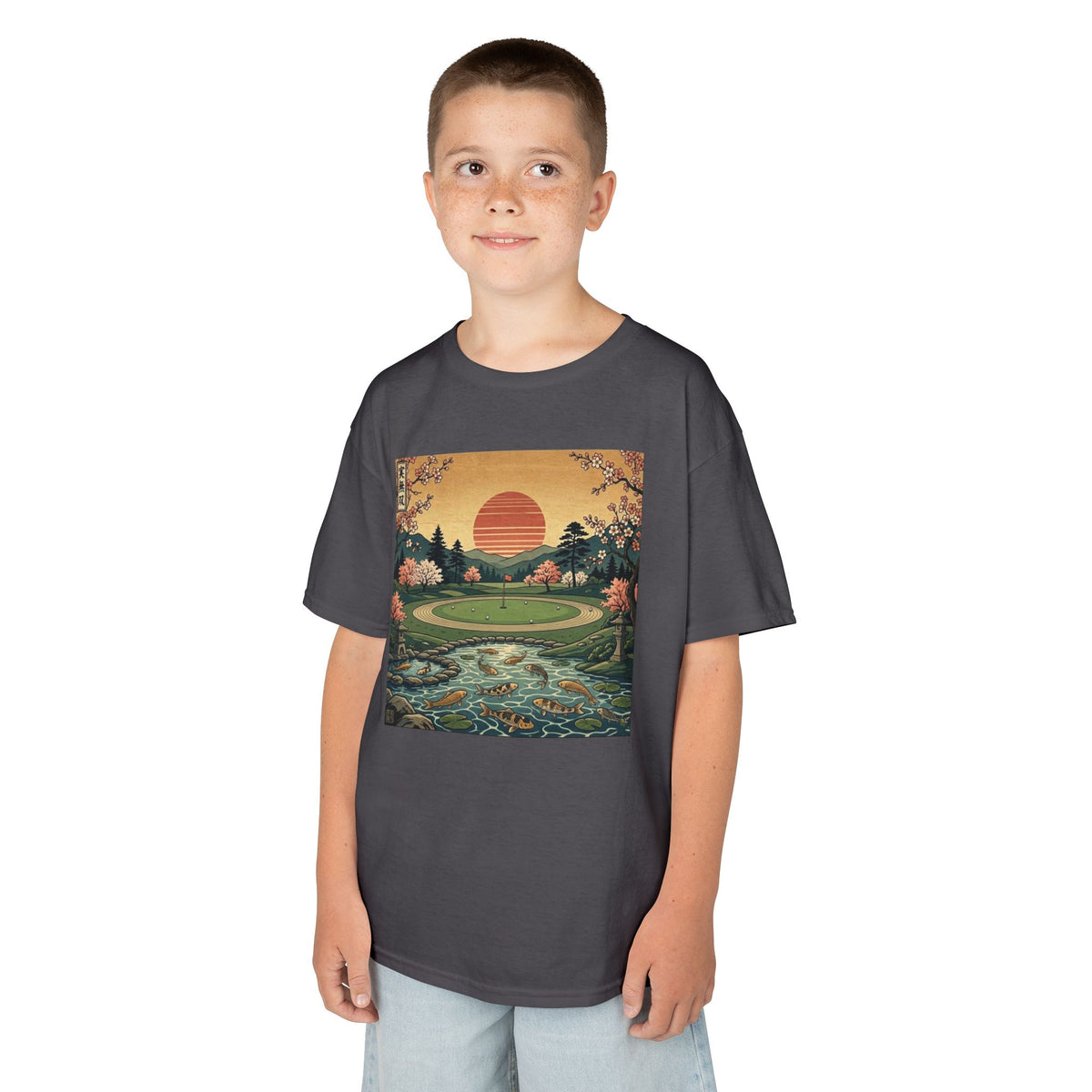 Vintage Japanese Sunset Golf Course Graphic Kids T-Shirt