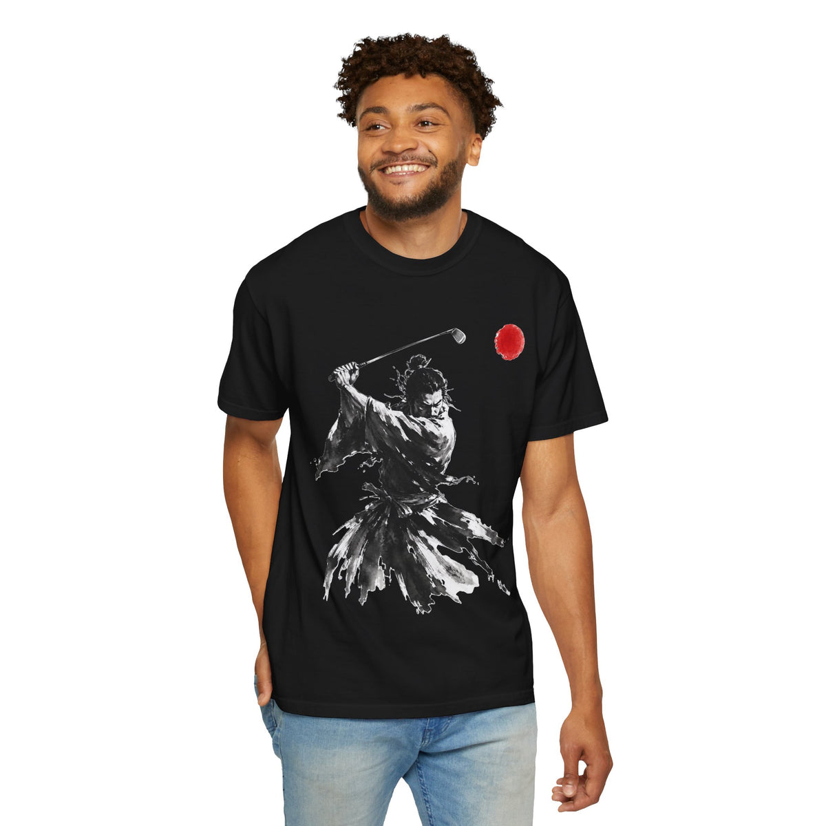 Samurai Golfer Brushstroke T-Shirt — Ink Sumi-e Warrior with Red Sun