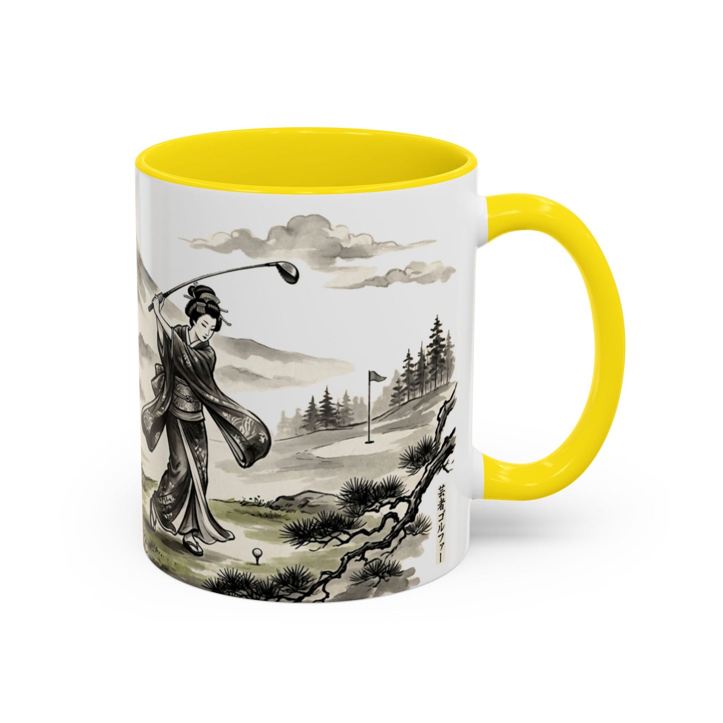 Zen Spot Golf Custom Japanese Golf Scene Accent Coffee Mug Ukiyo-e Style Golfing Geisha (11/15oz)
