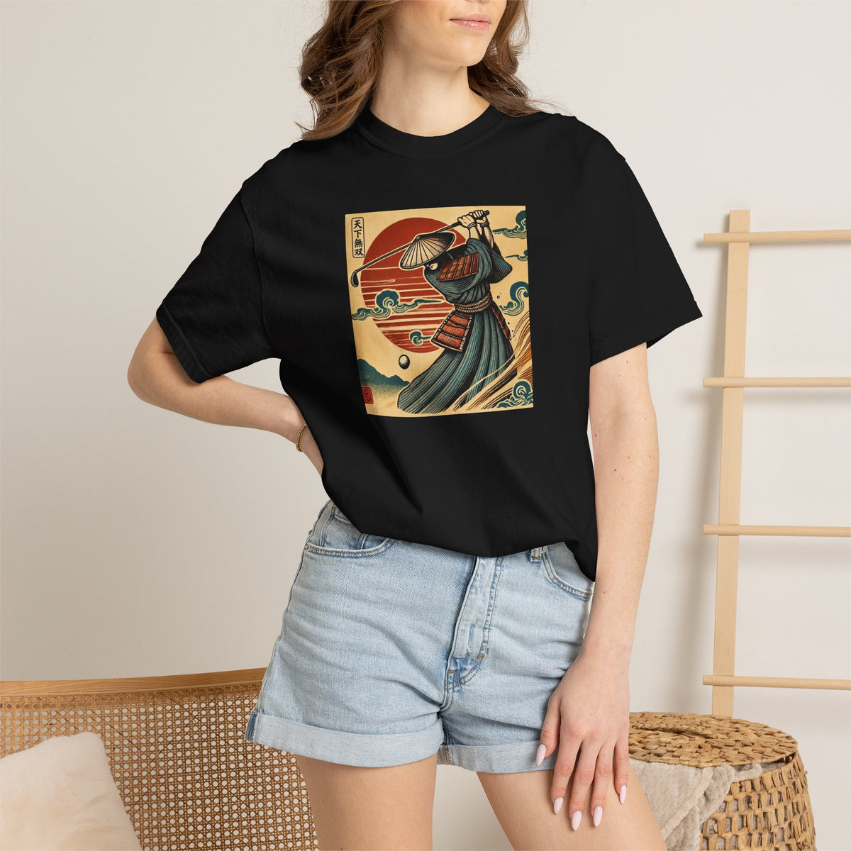 Vintage Japanese Samurai Golfer Sunset Graphic T-Shirt
