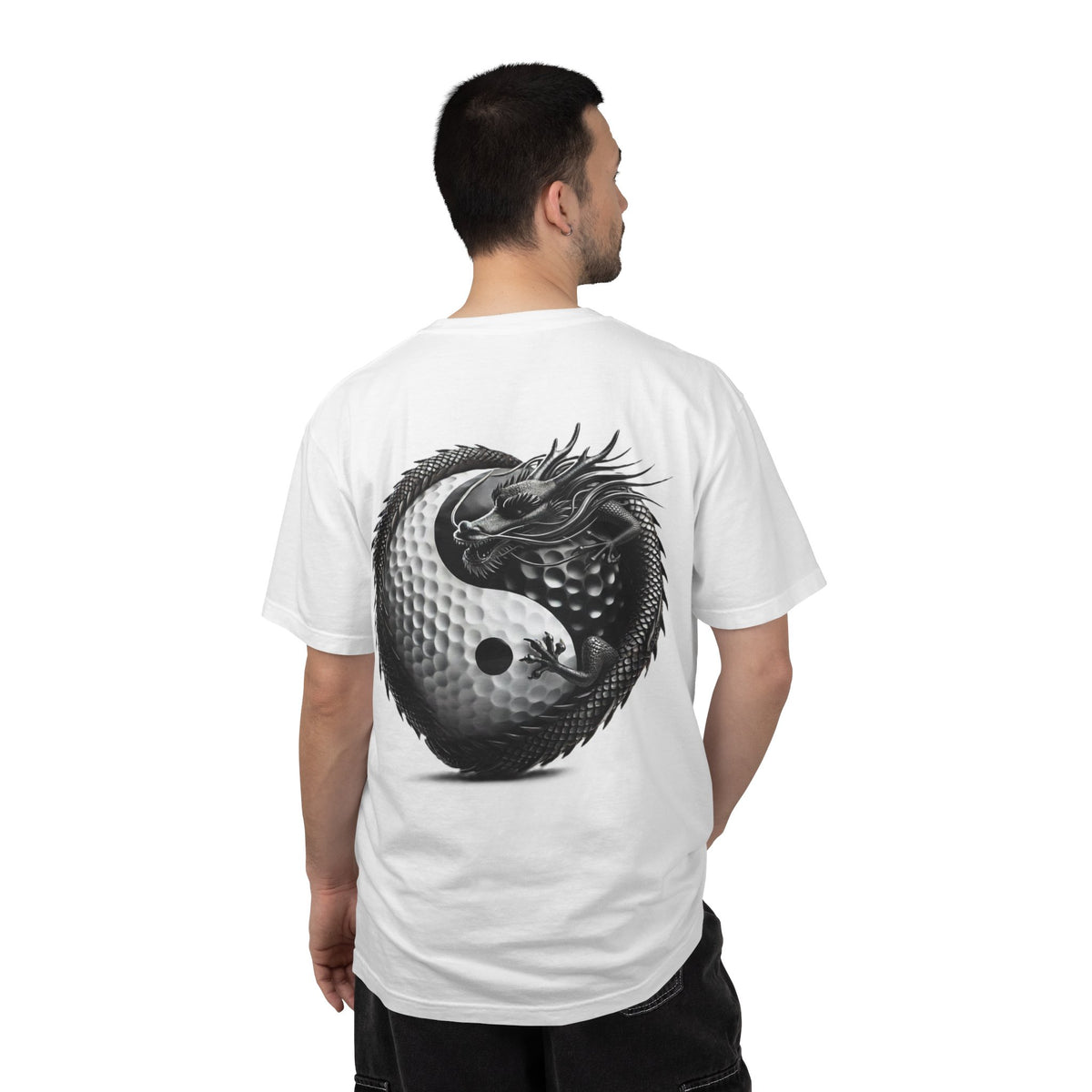 Enso Circle Chest Design Dragon Yin-Yang Golf Ball Back Graphic T-Shirt