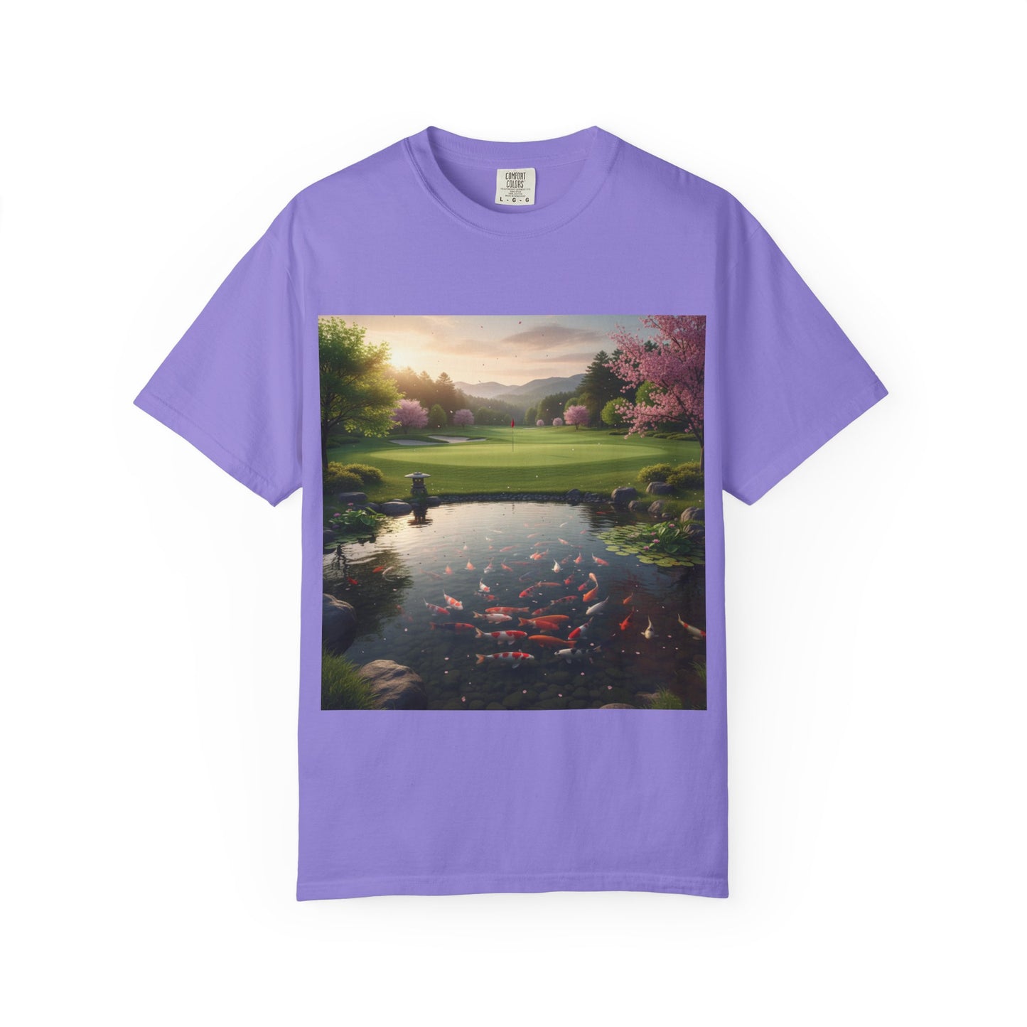 Zen Spot Golf Custom Zen Koi Pond Golf Course Sunset Graphic T-Shirt