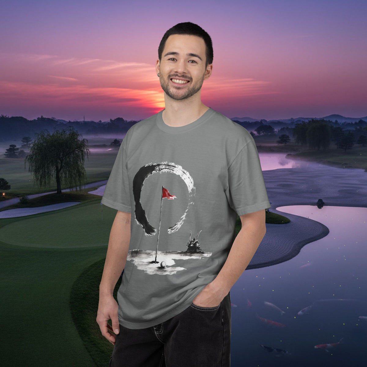 Zen Golf T-Shirt — Minimalist Golf Flag & Enso Brushstroke Design