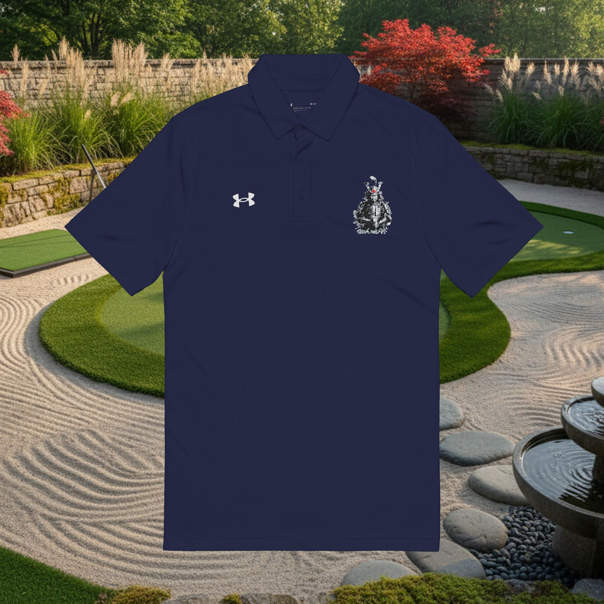 Embroidered Samurai Golfer Polo — Men's White Performance Golf Shirt