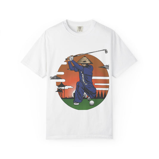 Golf Samurai T‑Shirt — Vintage Sunset Golfer Graphic