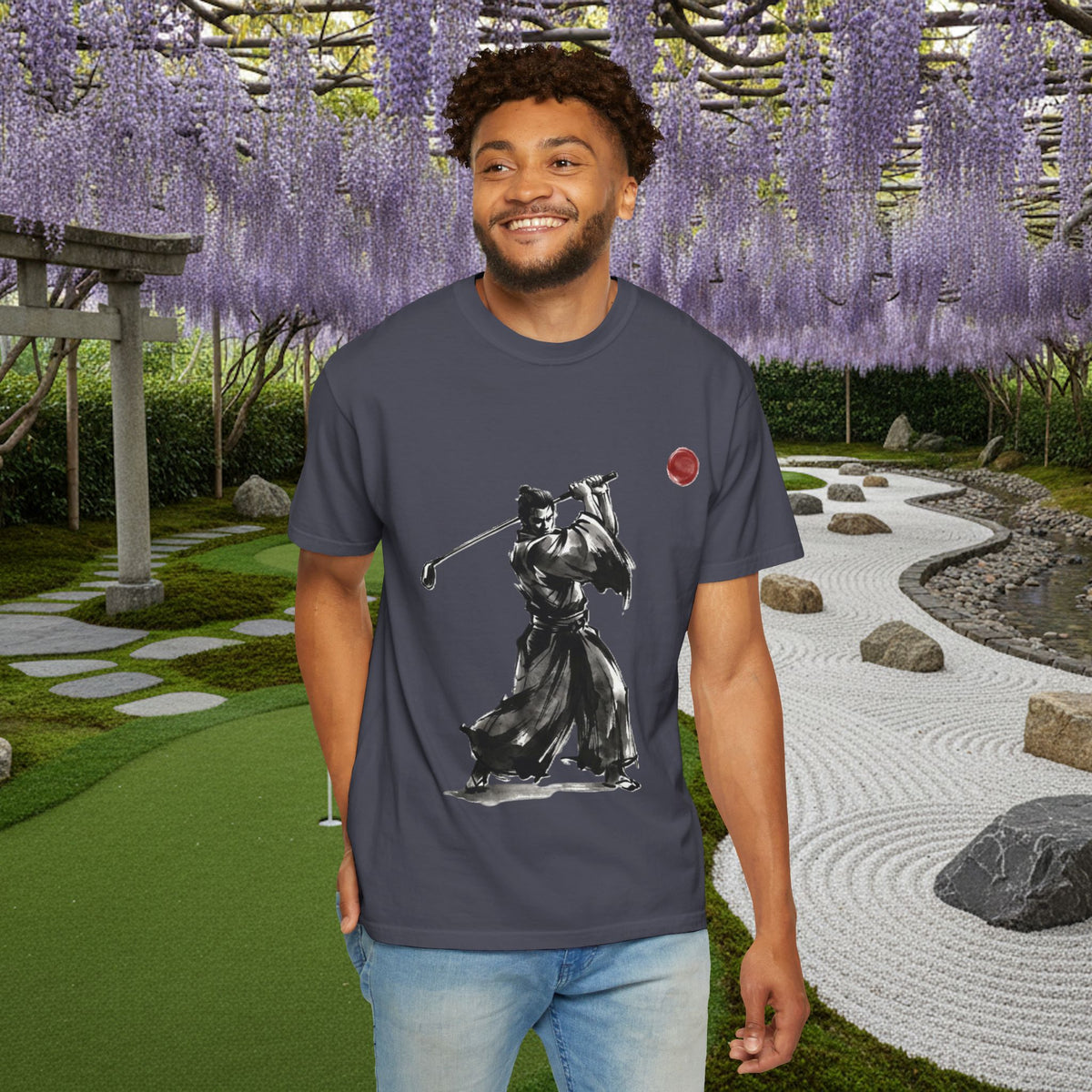 Samurai Golf T-Shirt — Sumi-e Brushstroke Golfer with Red Sun