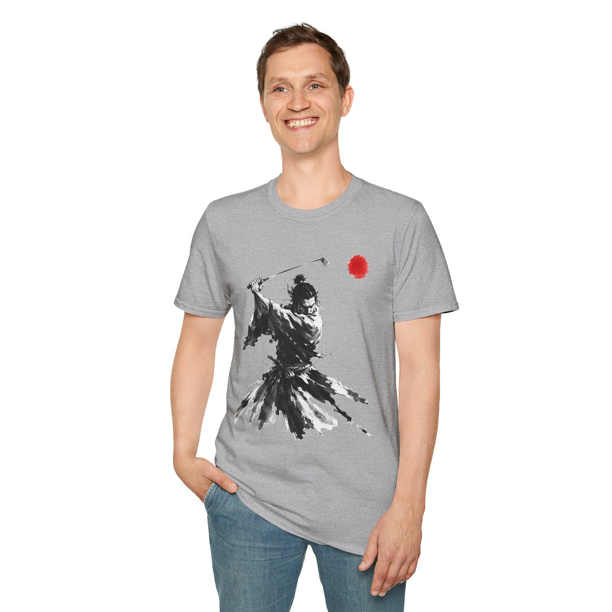 Samurai Golfer T-Shirt — Ink Brush Warrior Swing with Red Sun