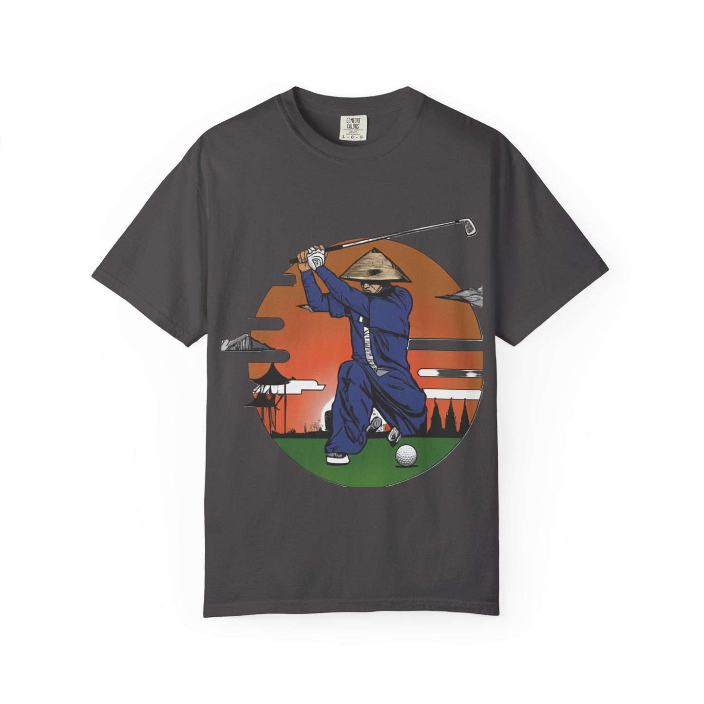 Golf Samurai T‑Shirt — Vintage Sunset Golfer Graphic