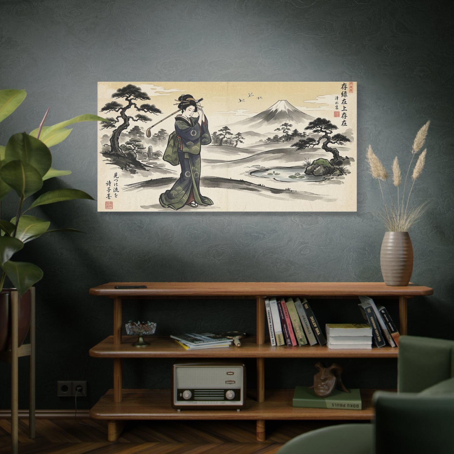 Vintage Japanese Geisha Landscape Canvas Wall Art — Matte Stretched Print