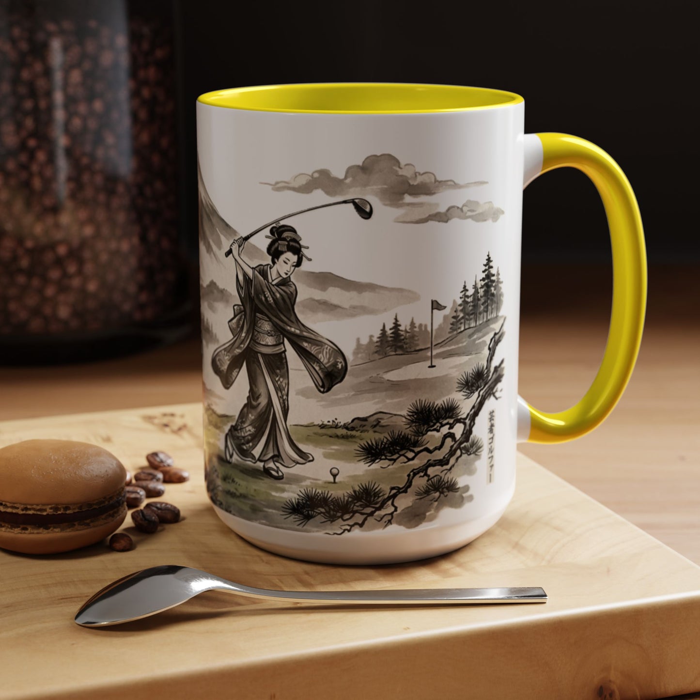 Zen Spot Golf Custom Japanese Golf Scene Accent Coffee Mug Ukiyo-e Style Golfing Geisha (11/15oz)