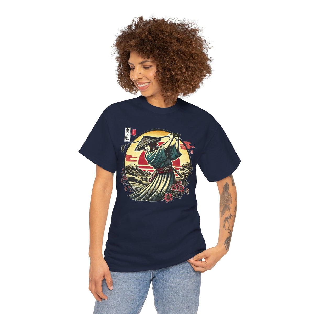 Japanese Samurai Golfer Sunset Graphic T‑Shirt