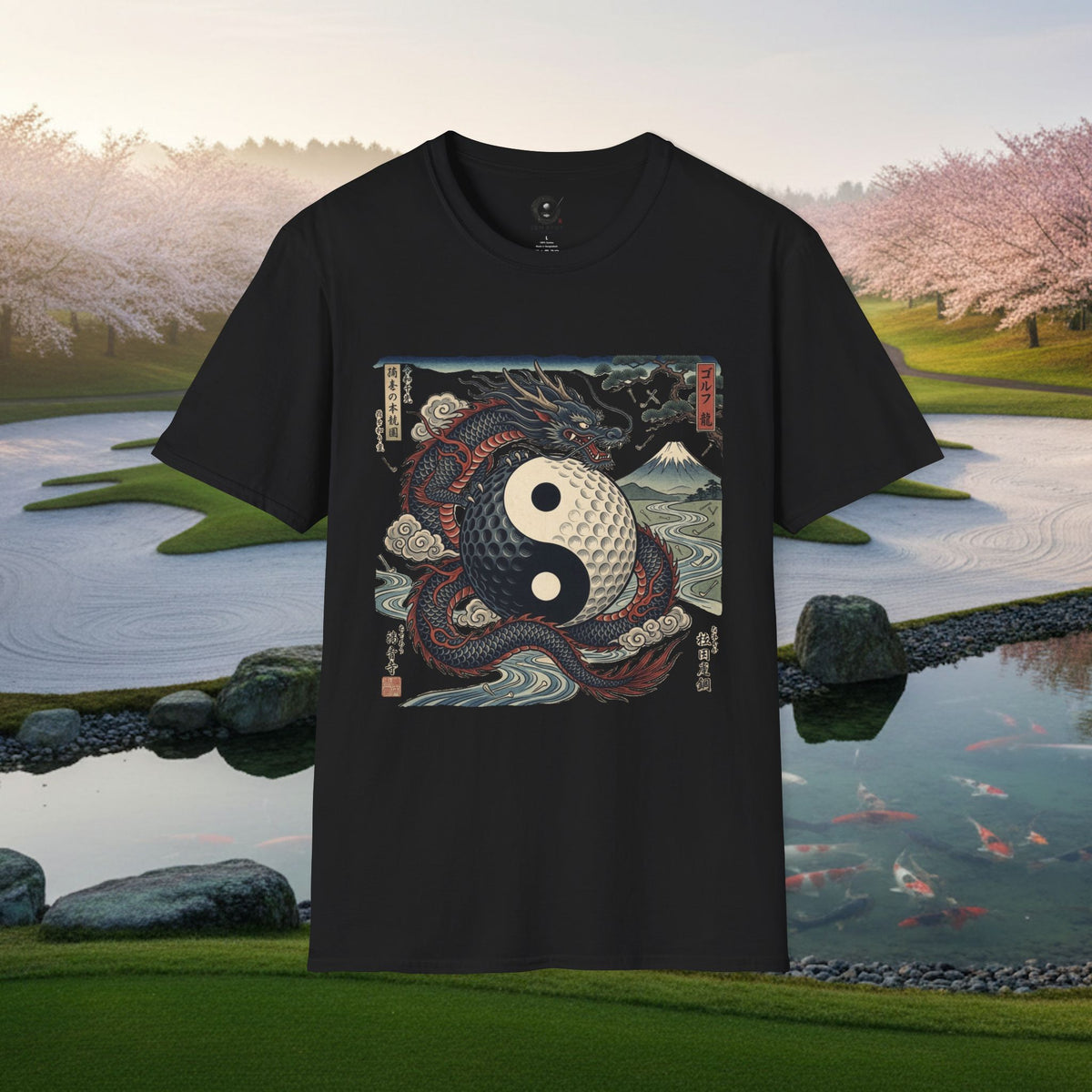 Yin Yang Dragon Golf T‑Shirt — Japanese Wave & Mt. Fuji Graphic Tee