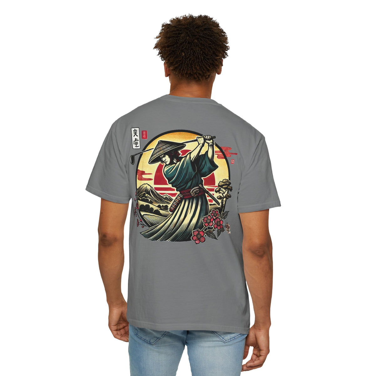 Samurai Golfer Sunset Chest and Back Design Graphic T-Shirt