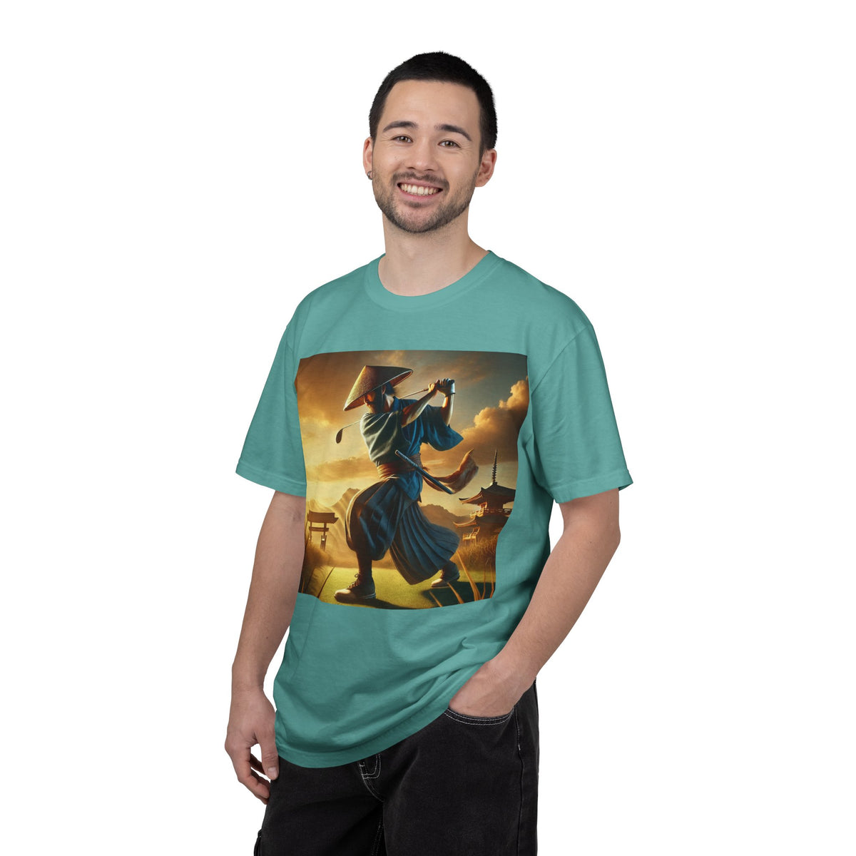 Vintage Martial Arts Samurai Golfer Sunset Graphic T-Shirt