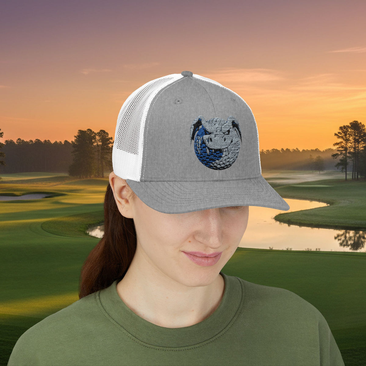 Embroidered Grey Stitched "Dragon Golf Ball" Trucker Cap