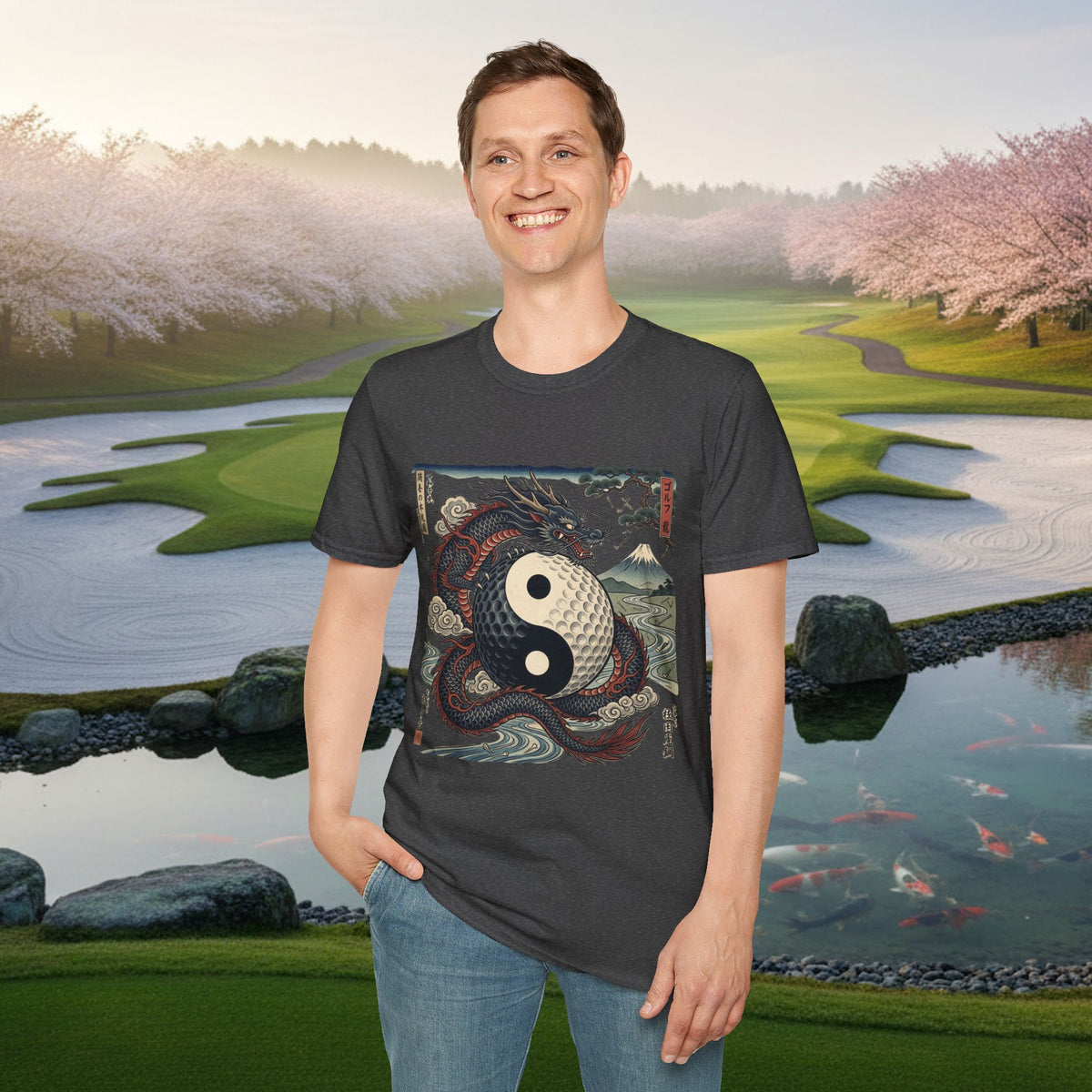 Yin Yang Dragon Golf T‑Shirt — Japanese Wave & Mt. Fuji Graphic Tee