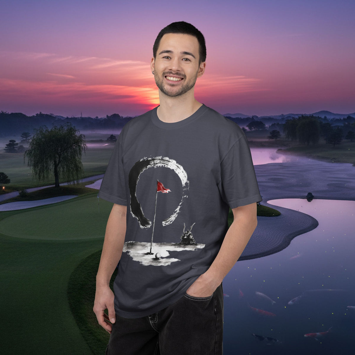 Zen Golf T-Shirt — Minimalist Golf Flag & Enso Brushstroke Design
