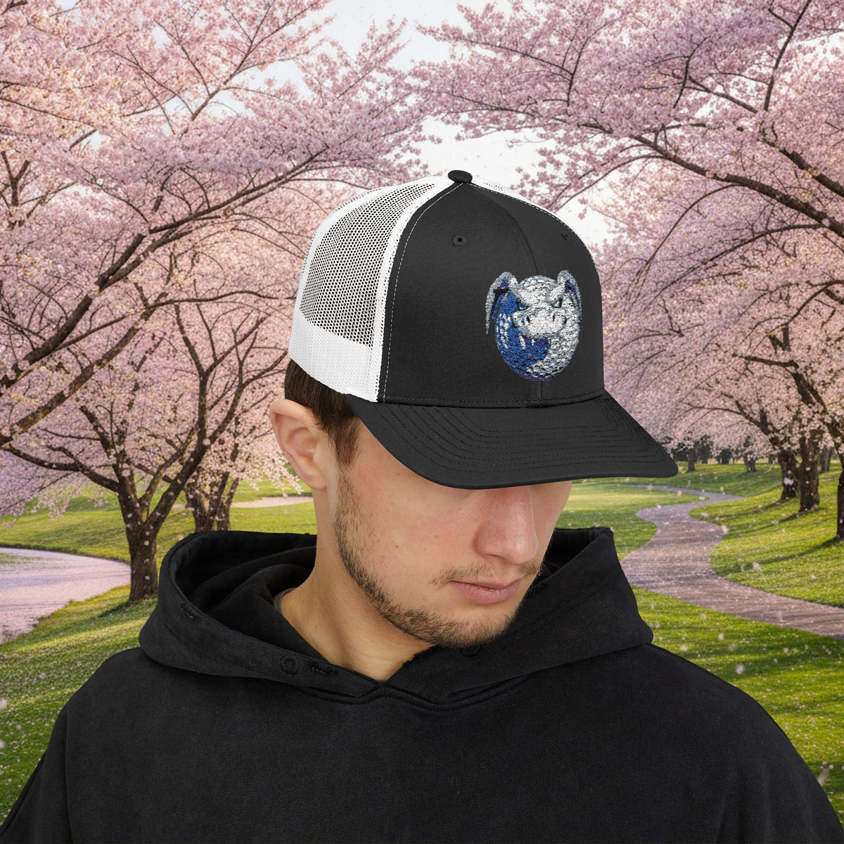 Embroidered White and Grey Stitched "Dragon Golf Ball" Trucker Cap