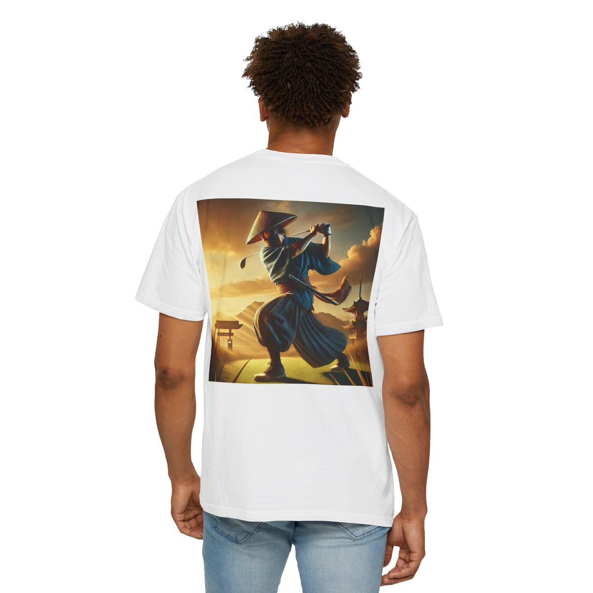 Enso Circle Chest Design Samurai Golfer Sunset Back Graphic T-Shirt