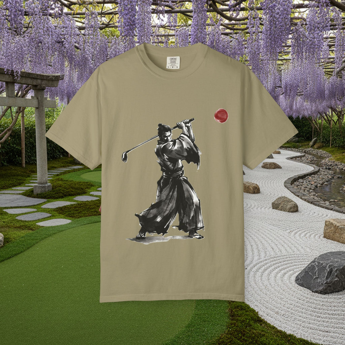 Samurai Golf T-Shirt — Sumi-e Brushstroke Golfer with Red Sun
