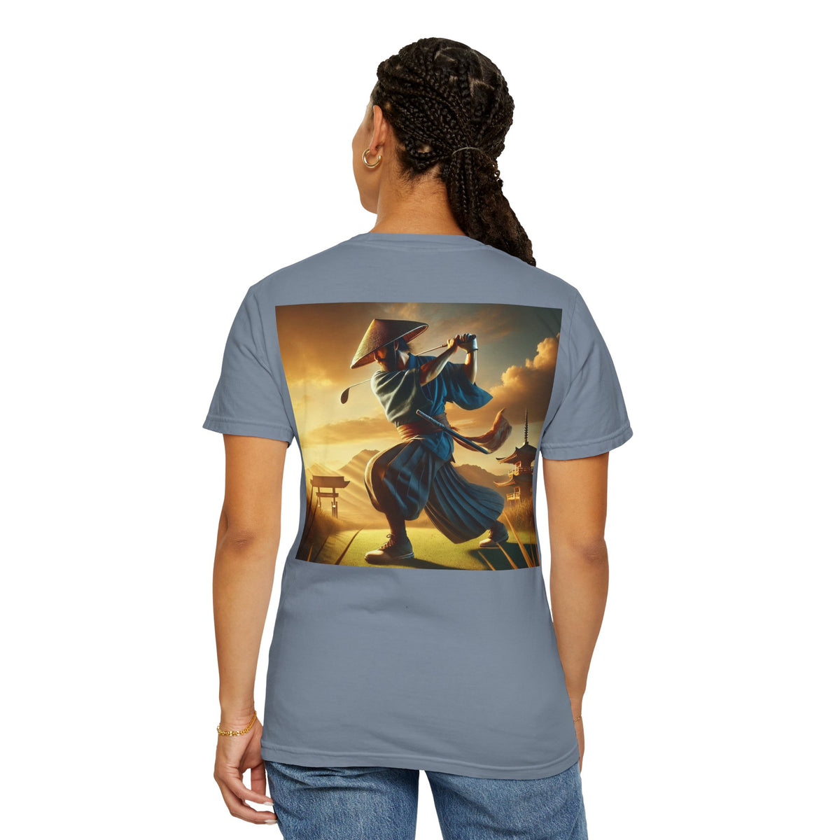 Enso Circle Chest Design Samurai Golfer Sunset Back Graphic T-Shirt