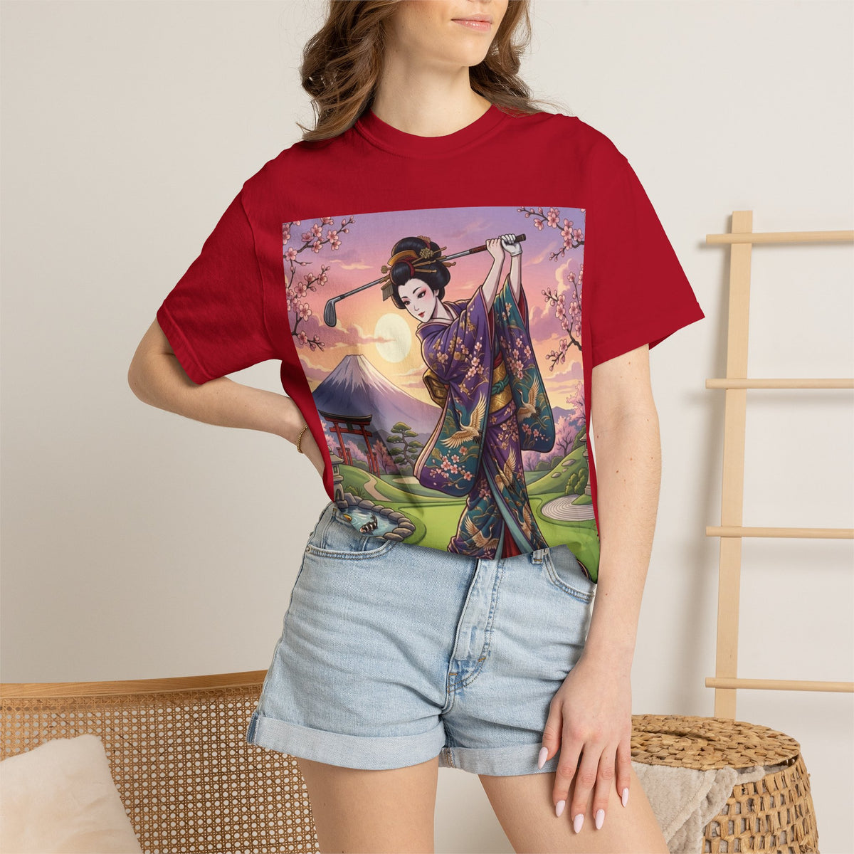 Geisha Golfer Garden T-Shirt — Japanese Kimono Sunset Art Tee