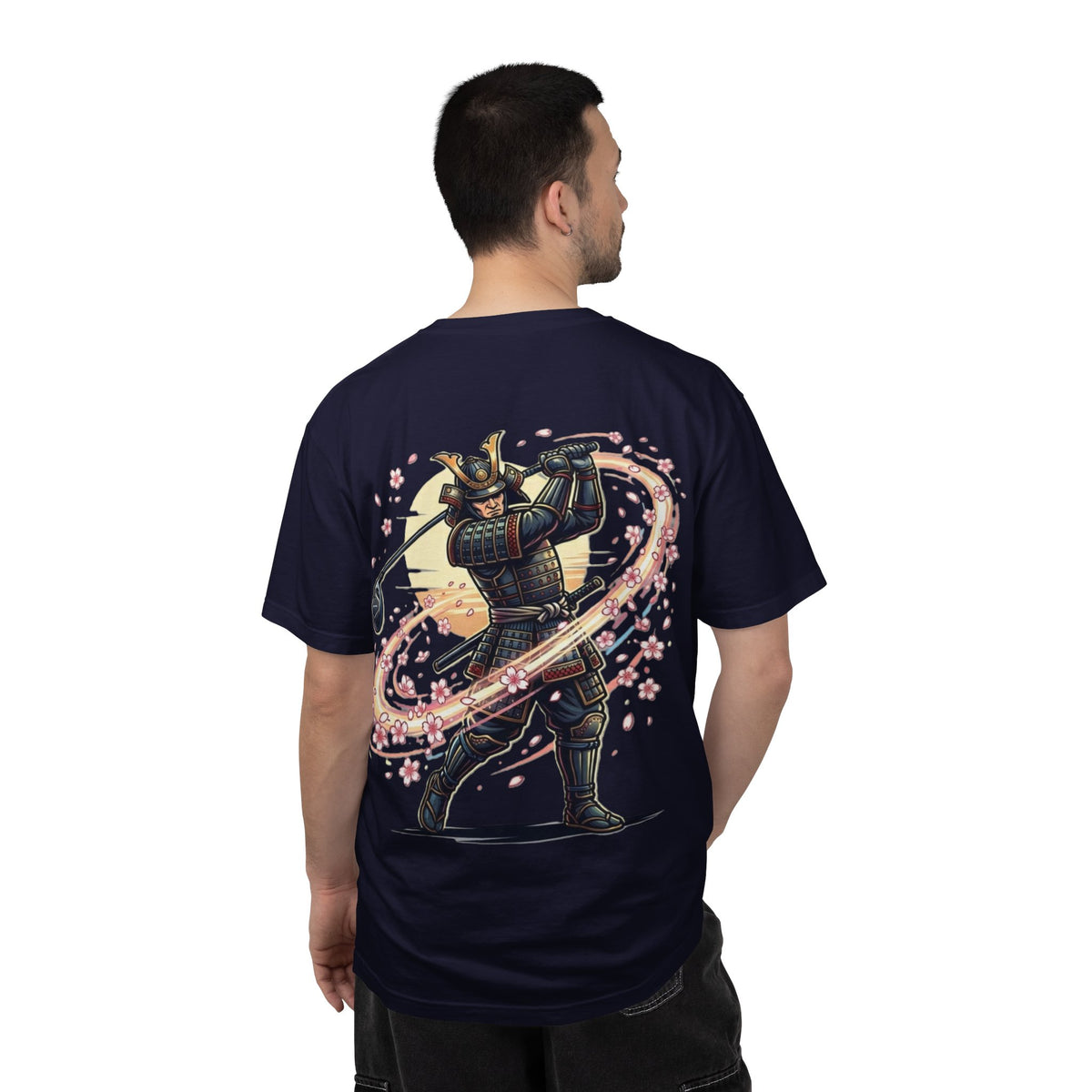 Samurai Golf T-Shirt — Warrior Golfer with Cherry Blossom Swirl