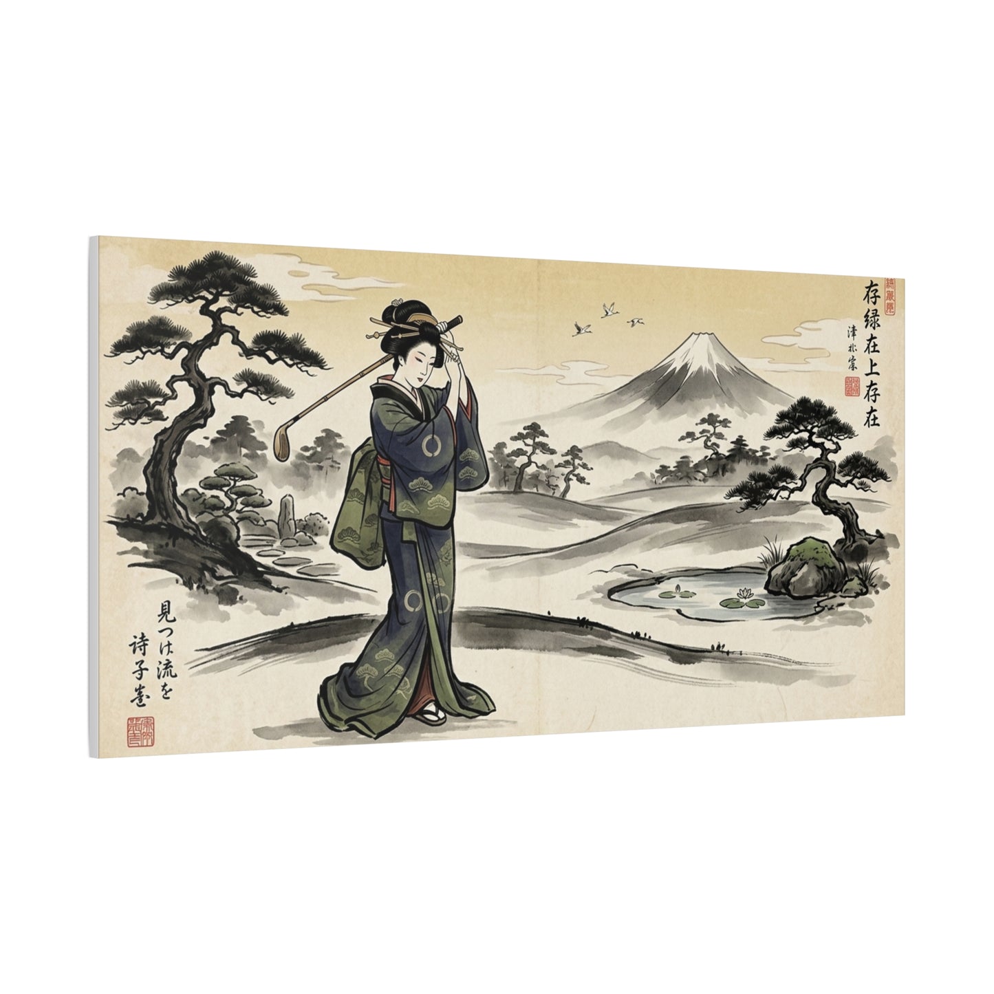 Vintage Japanese Geisha Landscape Canvas Wall Art — Matte Stretched Print