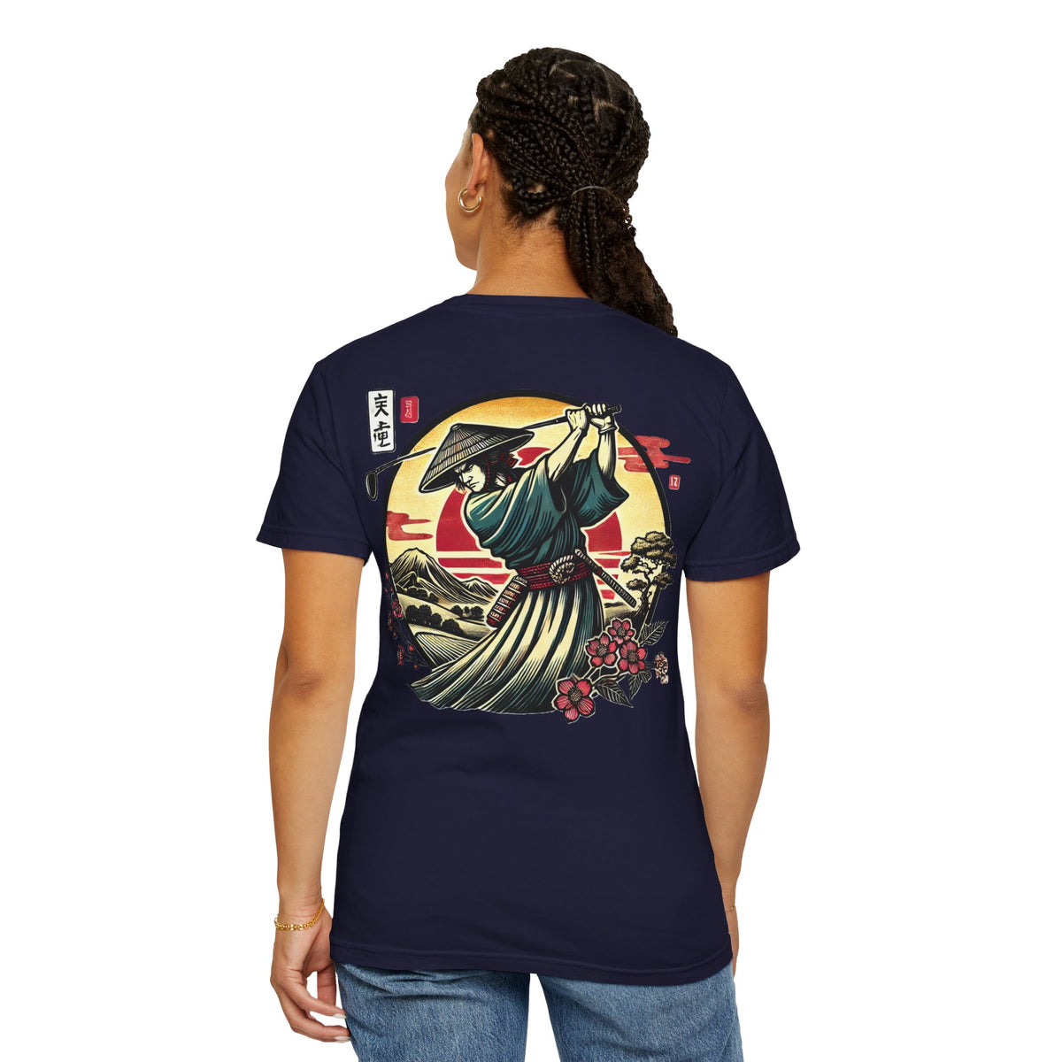 Samurai Golfer Sunset Chest and Back Design Graphic T-Shirt