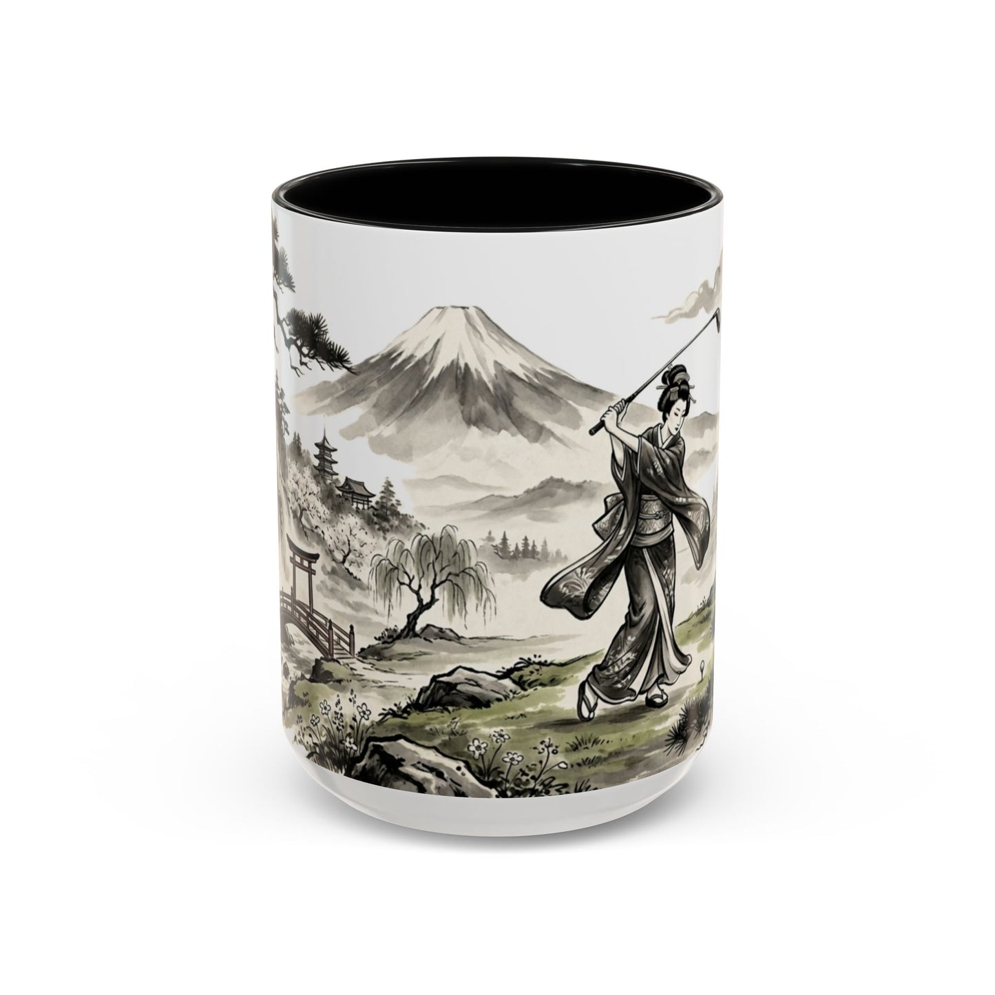 Zen Spot Golf Custom Japanese Golf Scene Accent Coffee Mug Ukiyo-e Style Golfing Geisha (11/15oz)