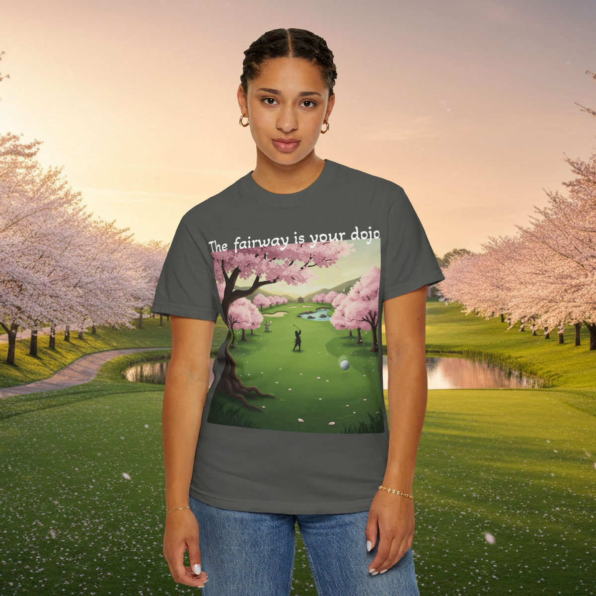Mindfulness T-Shirt — "The fairway is your dojo" Cherry Blossom Graphic