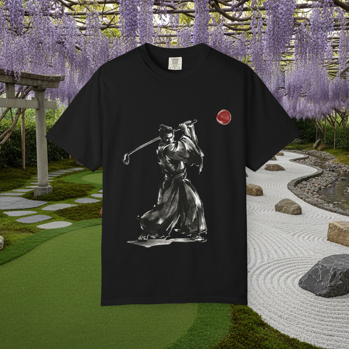 Samurai Golf T-Shirt — Sumi-e Brushstroke Golfer with Red Sun