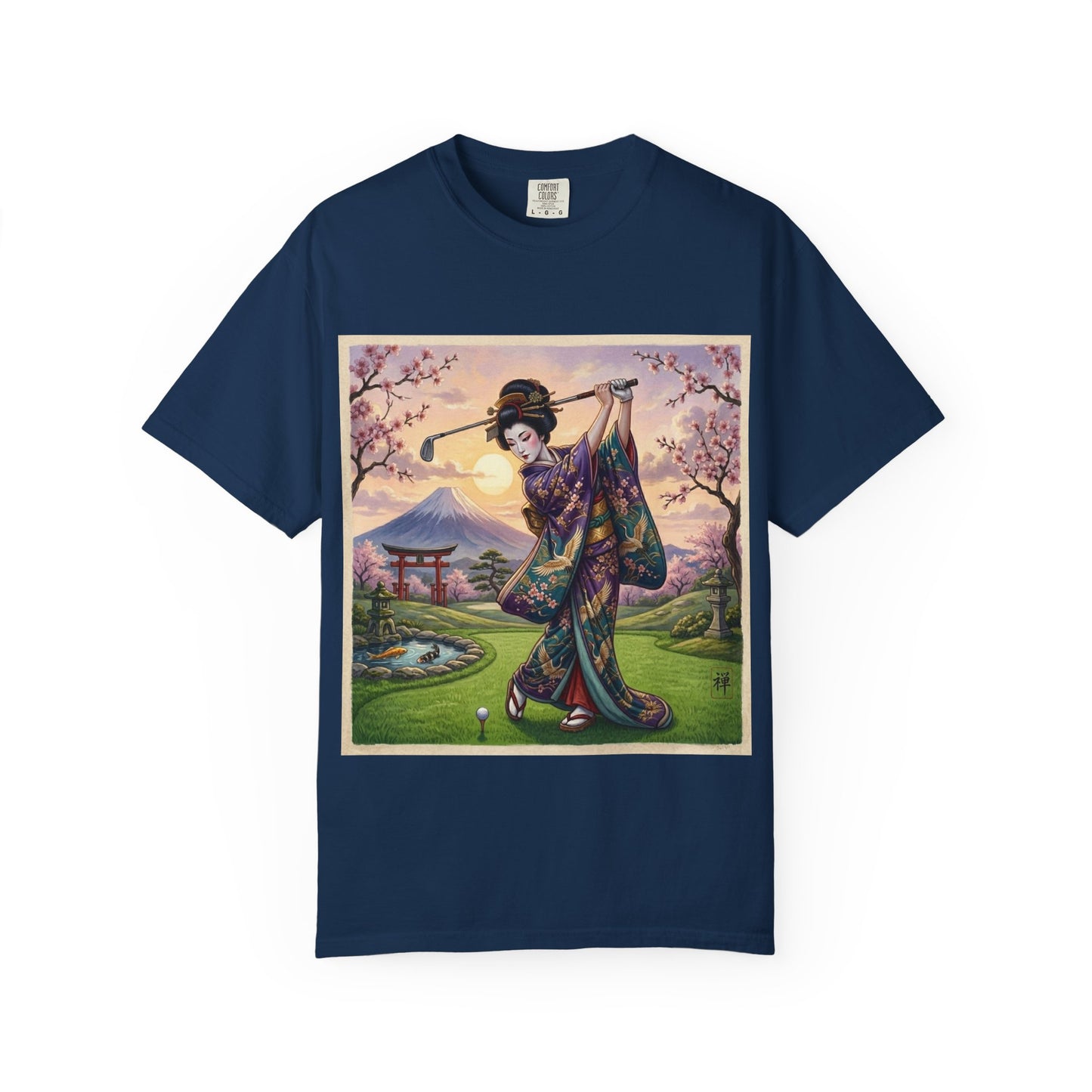 Zen Spot Customized Comfort Colors Geisha Golfing Sunset T-Shirt — Vintage Japanese Kimono Art Tee