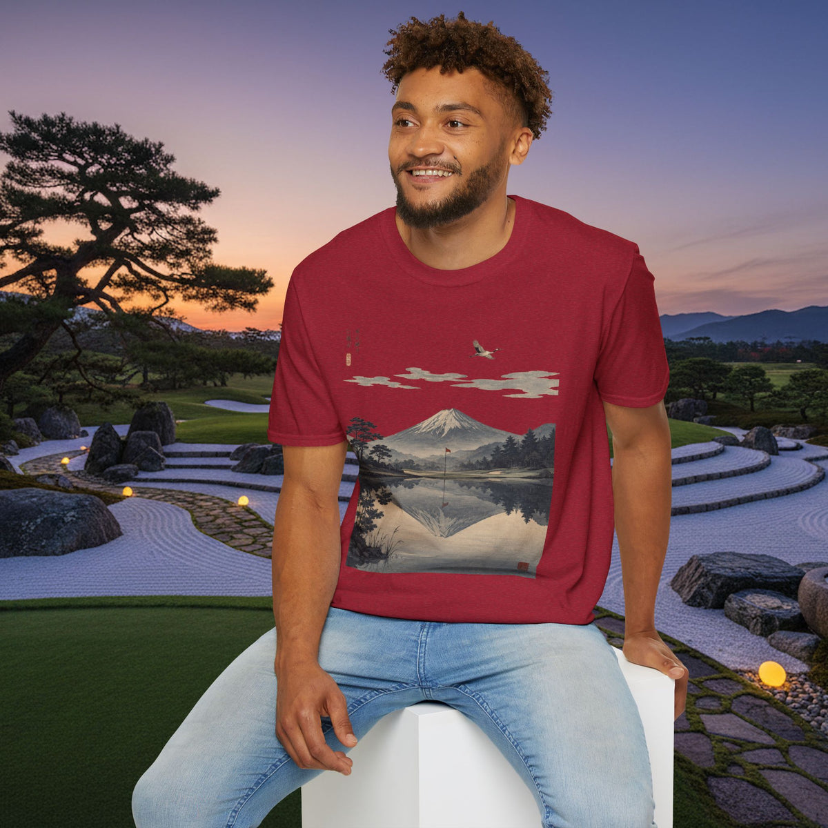 Mountain Golf Reflection T‑Shirt — Japanese Ukiyo‑Style Mount Fuji Golf Scenic Tee