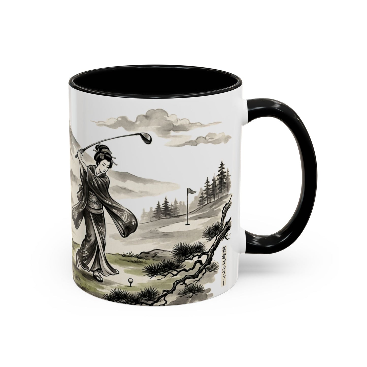 Zen Spot Golf Custom Japanese Golf Scene Accent Coffee Mug Ukiyo-e Style Golfing Geisha (11/15oz)